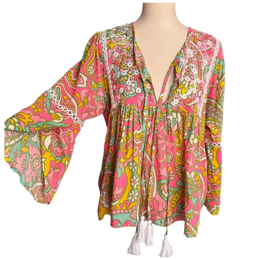 Miss June Paris Pink Boho Embroidered Tassel Peasant Tunic Top Rayon Medium - Picture 3 of 10